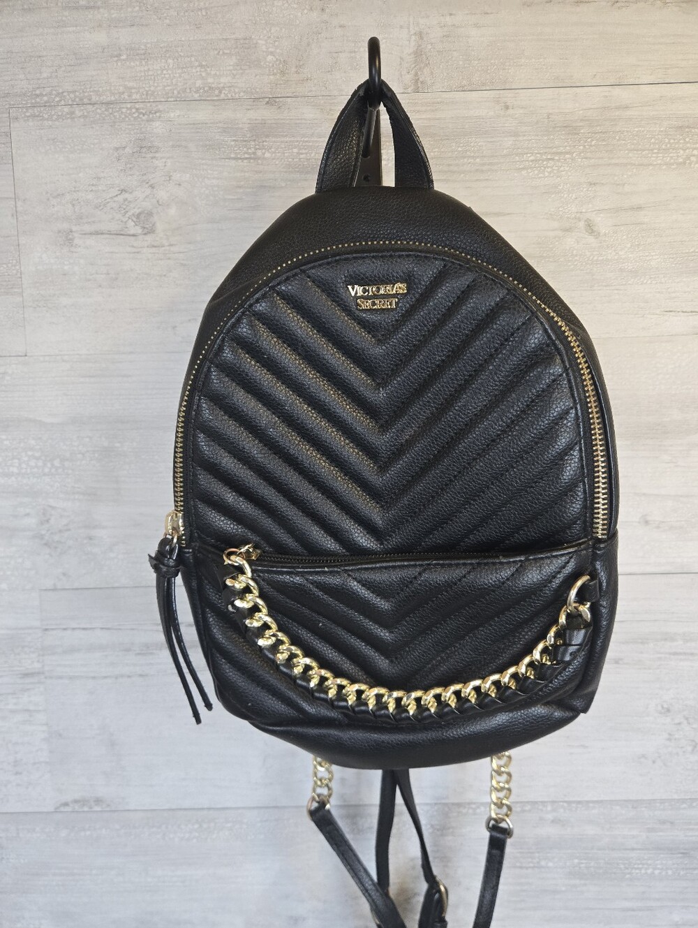 Victoria's Secret V-Quilt Small City Mini Backpack.Black with gold-tone hardware